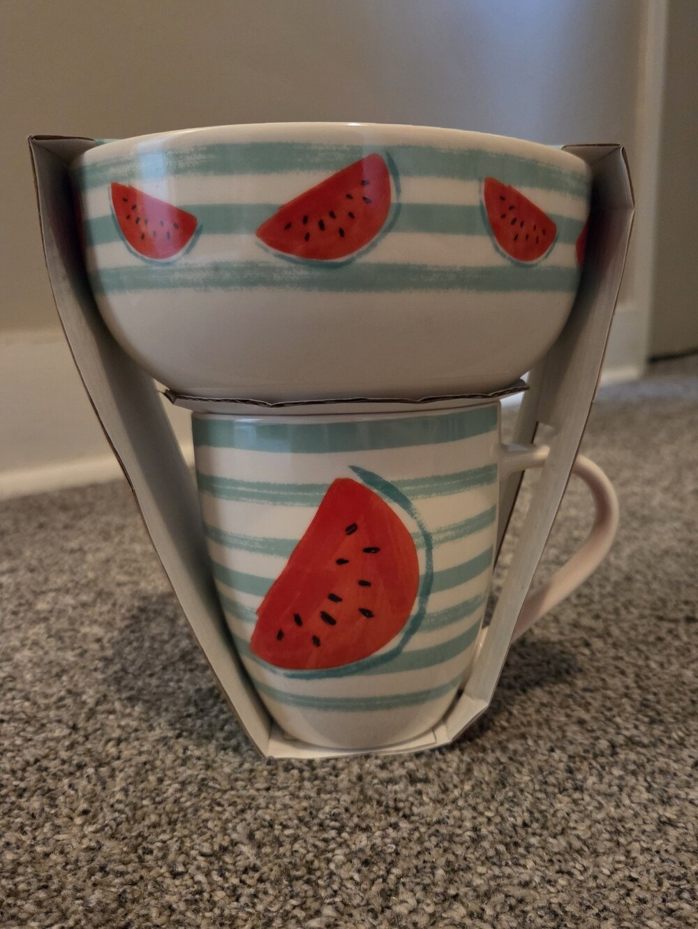 Ceramic Watermelon Stripe Bowl and Mug Set Summer Time